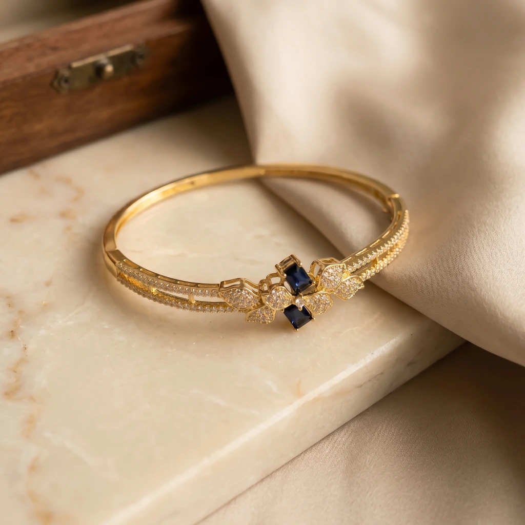 Gold Sapphire Blue Stone Openable Bangle image 3