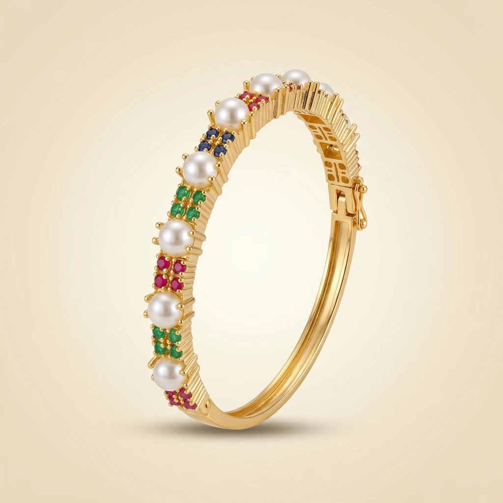 Gold Pearl Multicolor Stone Openable Bangle