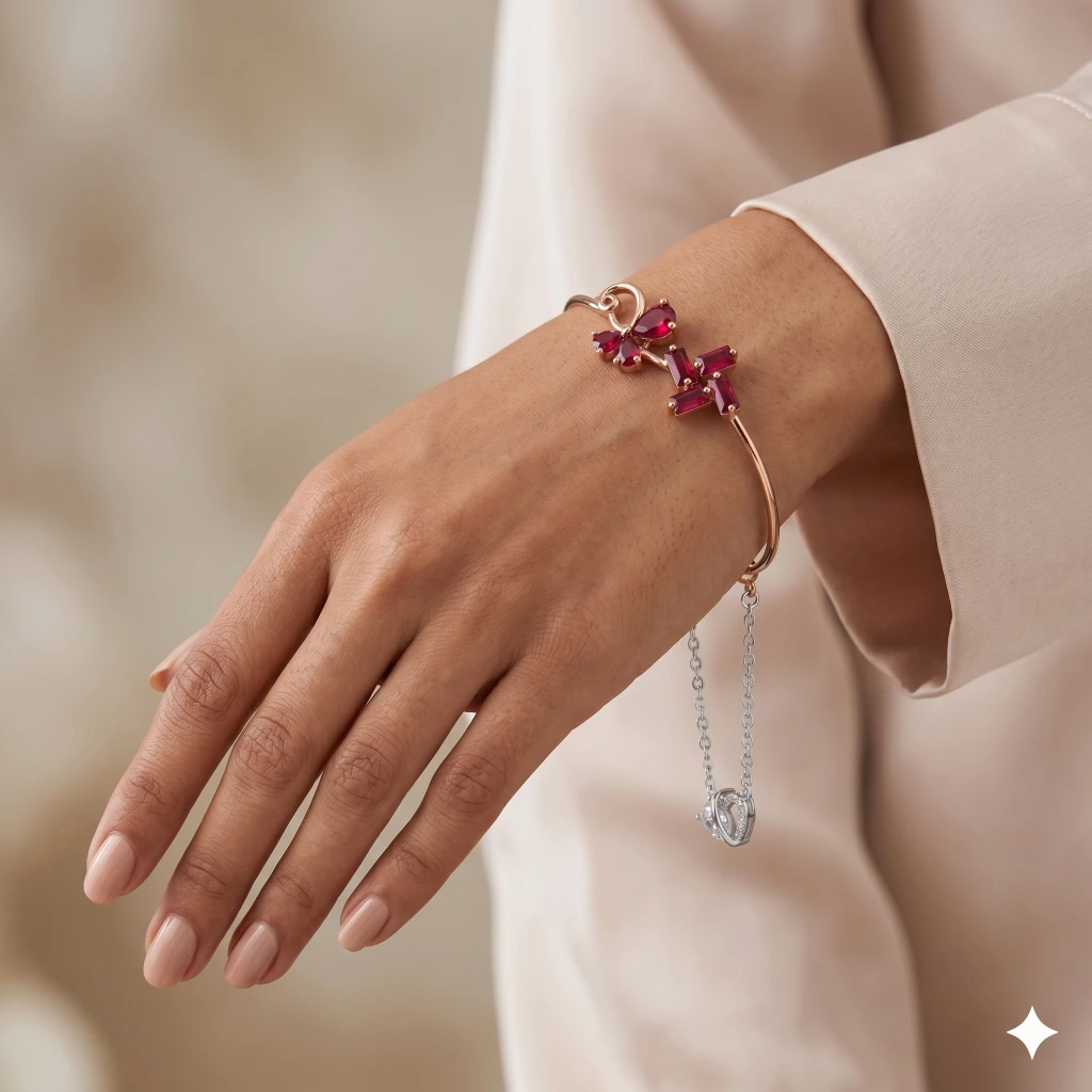 Rose Gold Ruby Red Stone Heart Cuff image 2