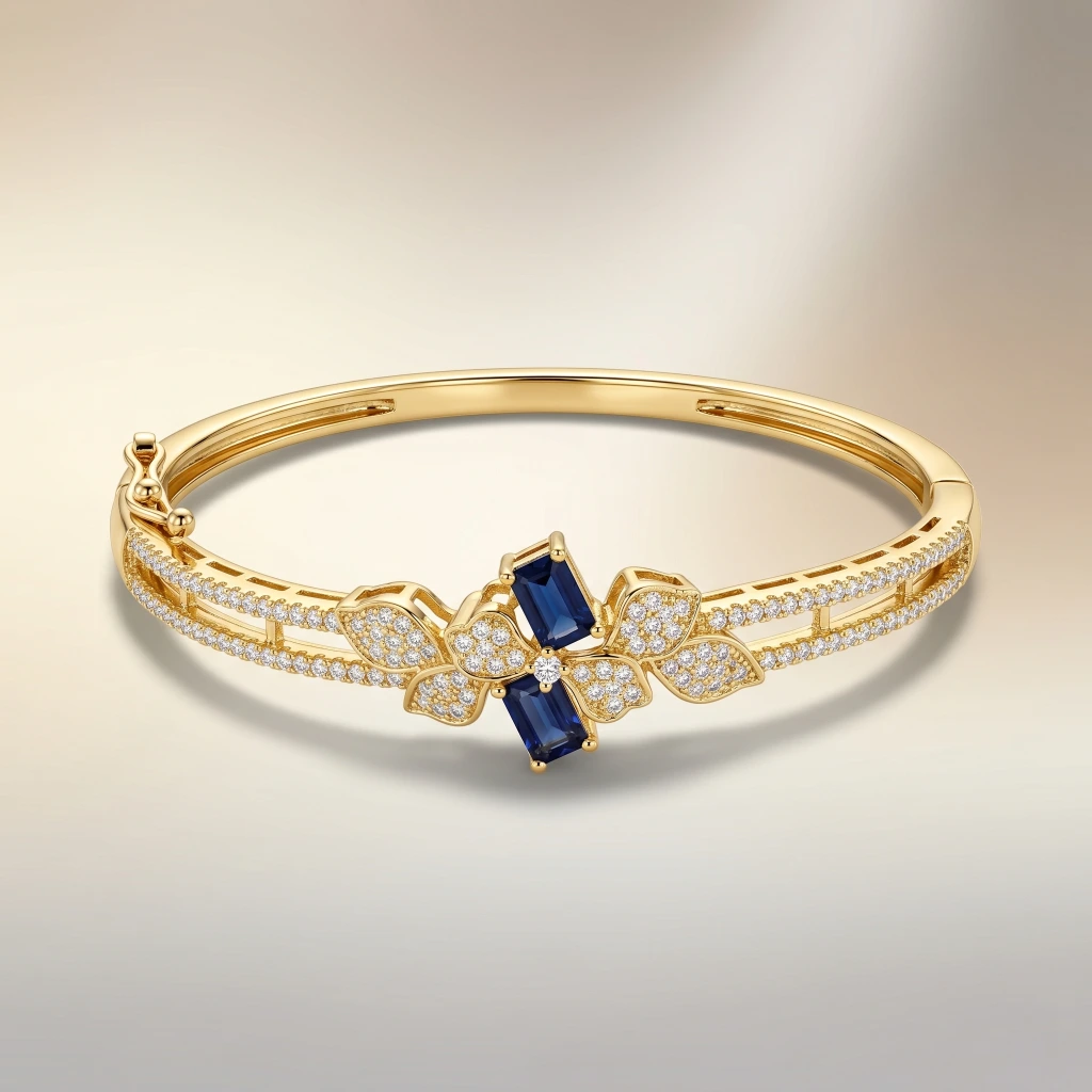Gold Sapphire Blue Stone Openable Bangle