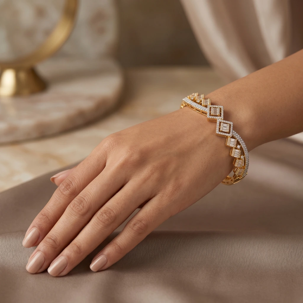 Gold Geometric Square Stone Openable Bangle image 2
