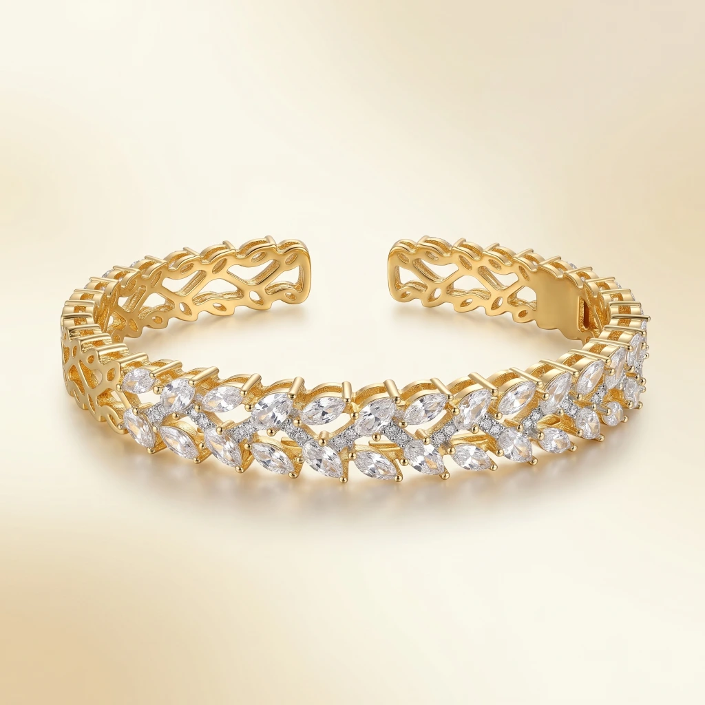 Gold White Stone Floral Leaf Cuff