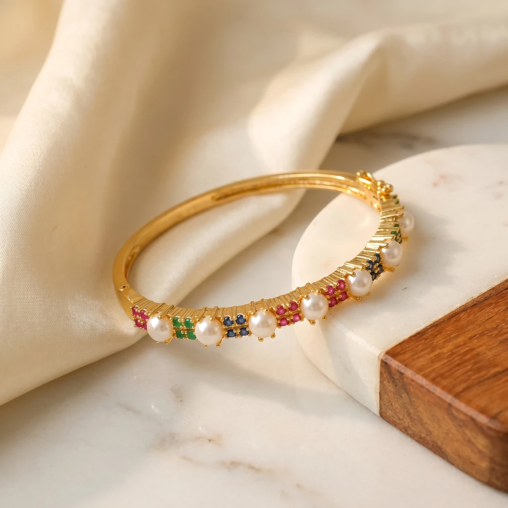Gold Pearl Multicolor Stone Openable Bangle image 3