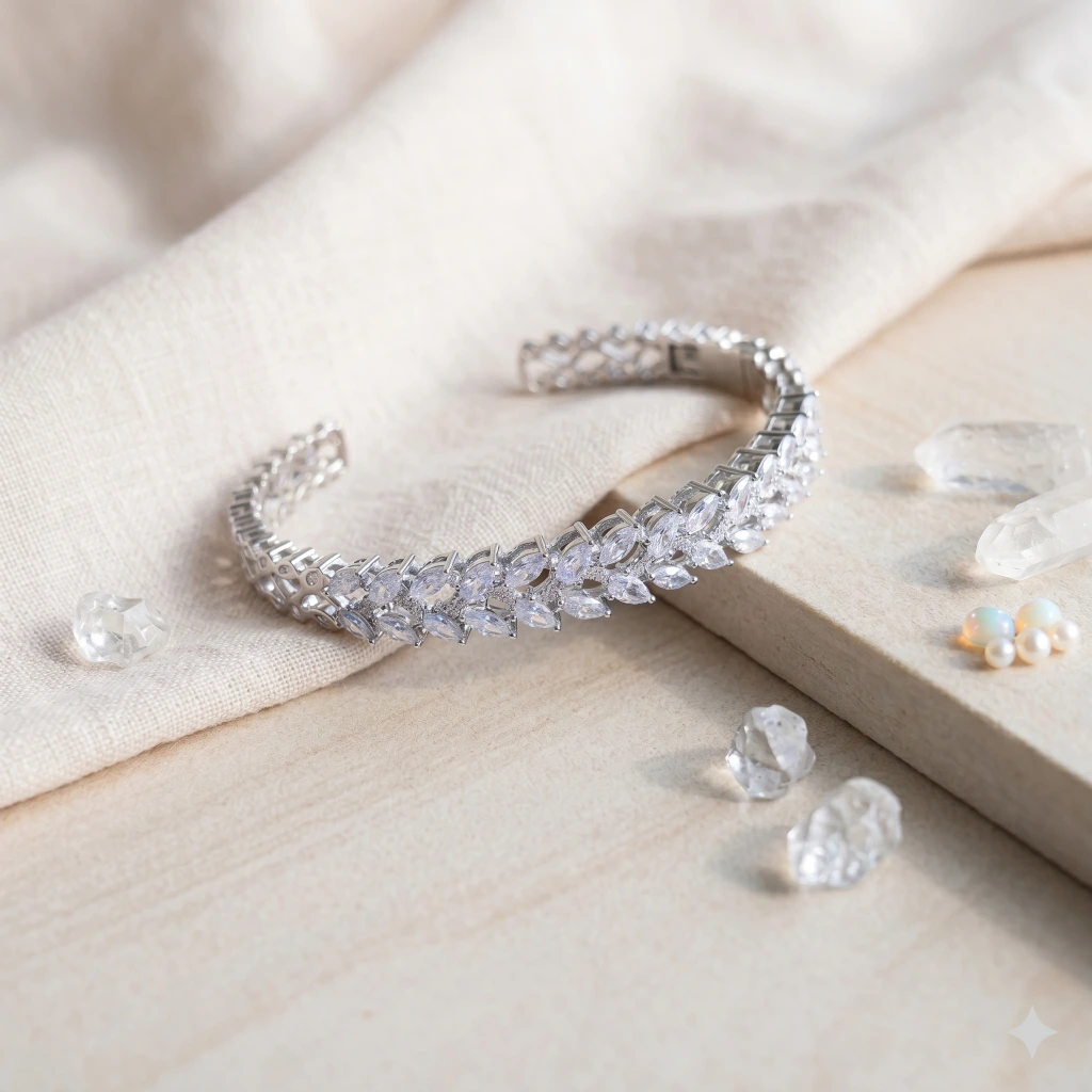 Silver White Stone Floral Leaf Cuff image 3