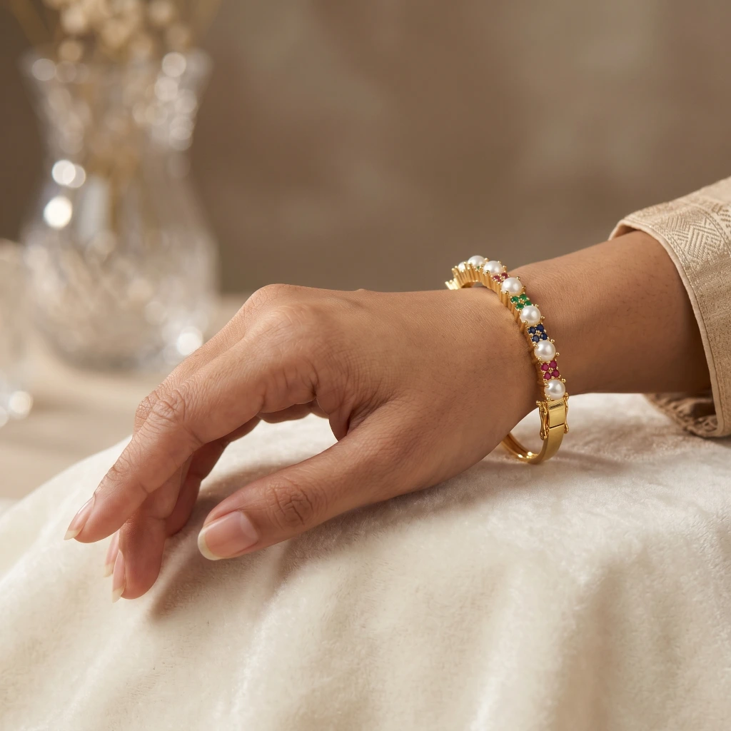 Gold Pearl Multicolor Stone Openable Bangle image 2