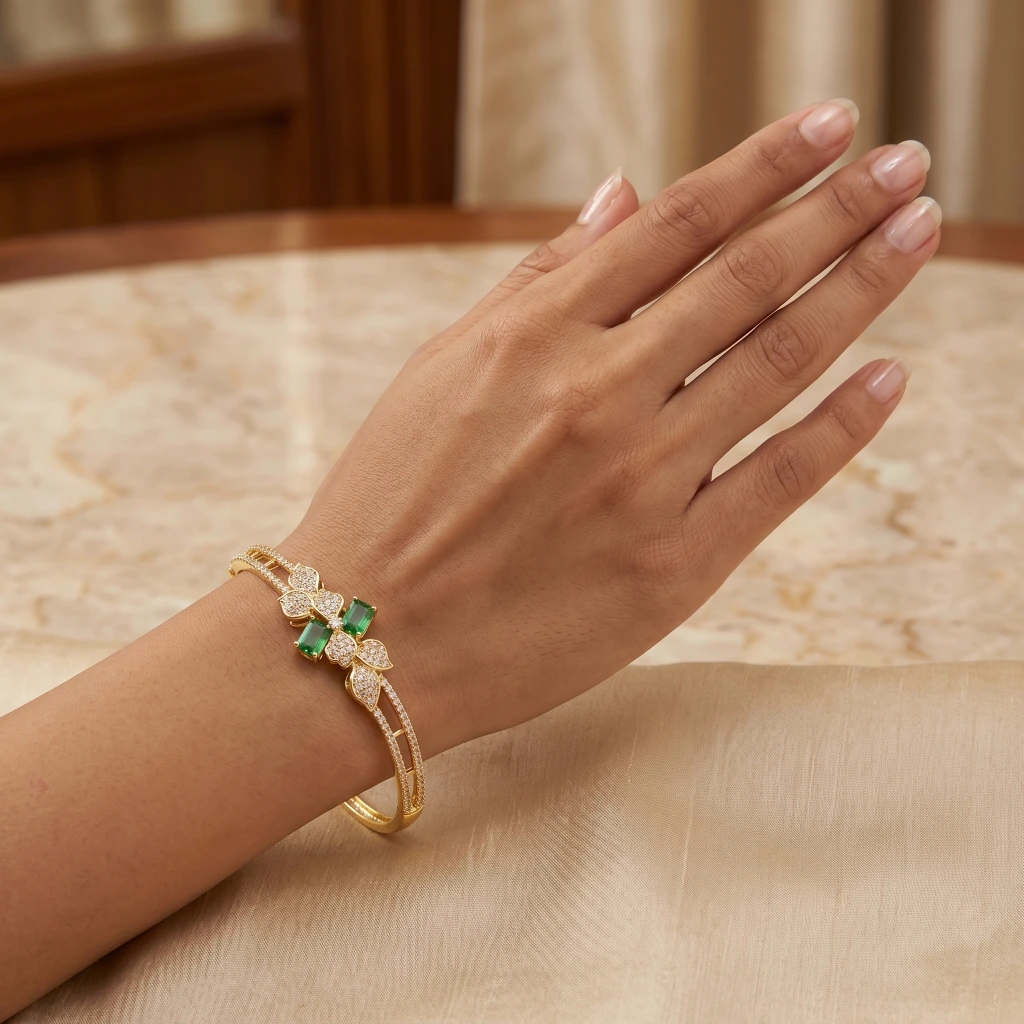 Gold Emerald Green Stone Openable Bangle image 2