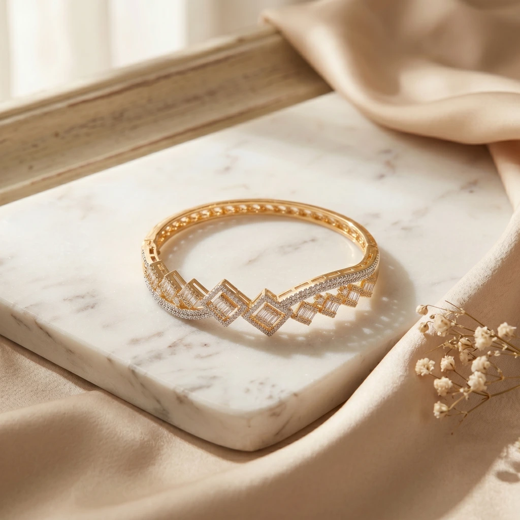 Gold Geometric Square Stone Openable Bangle image 3