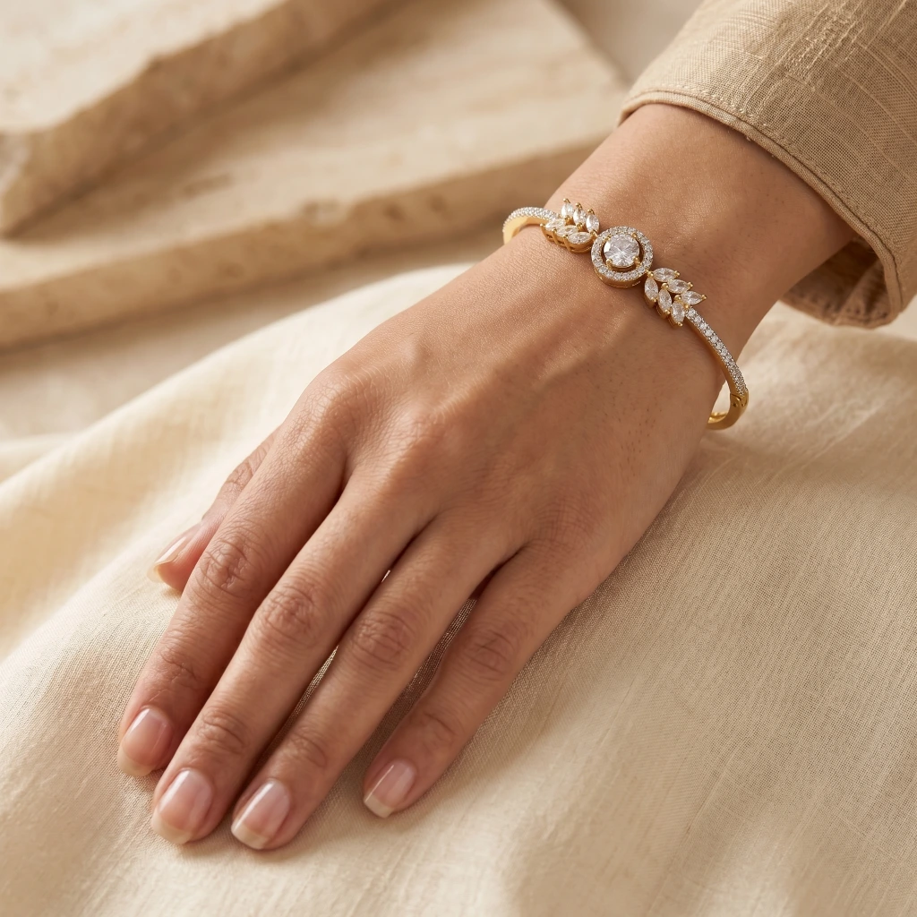 Gold White Stone Leaf Openable Bangle
