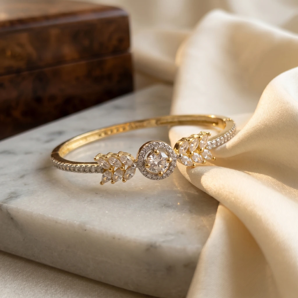 Gold White Stone Leaf Openable Bangle image 2