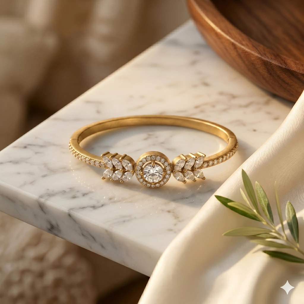 Matte Gold White Stone Halo Bangle image 3