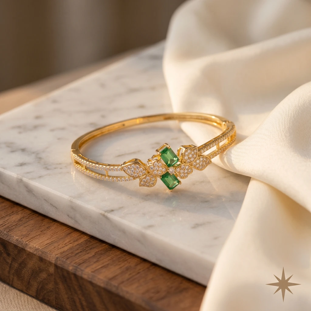 Gold Emerald Green Stone Openable Bangle image 3