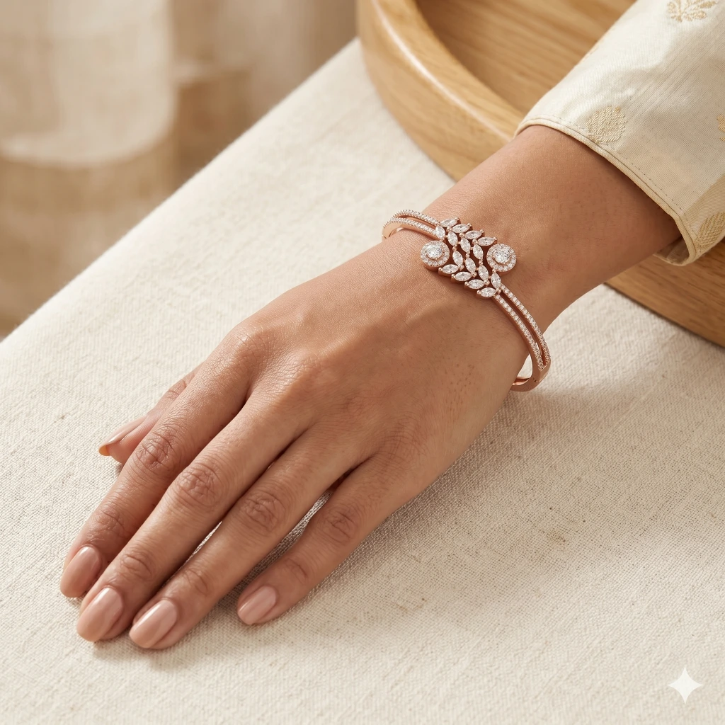 Rose Gold White Stone Leaf Bangle image 2