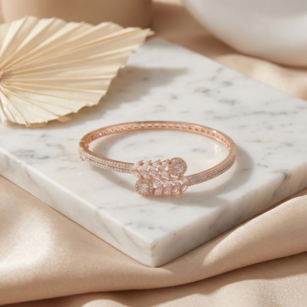 Rose Gold White Stone Leaf Bangle image 3