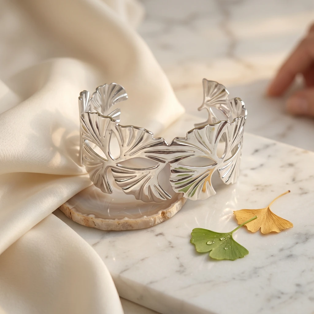 Silver Botanical Leaf Broad Cuff Bangle image 3