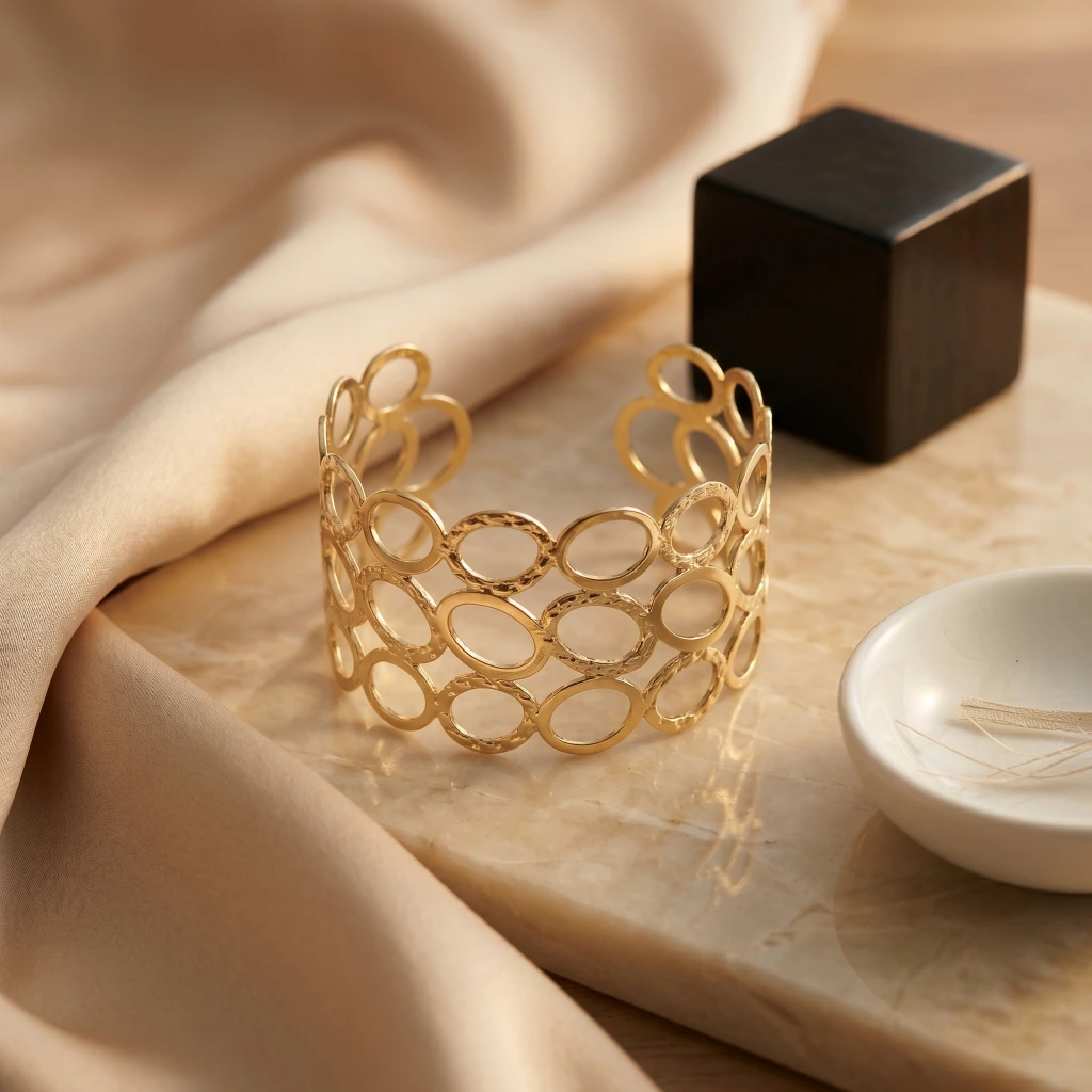 Gold Abstract Oval Cutout Broad Cuff image 3