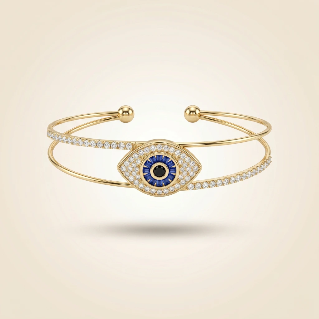 Gold Blue Evil Eye Open Bangle