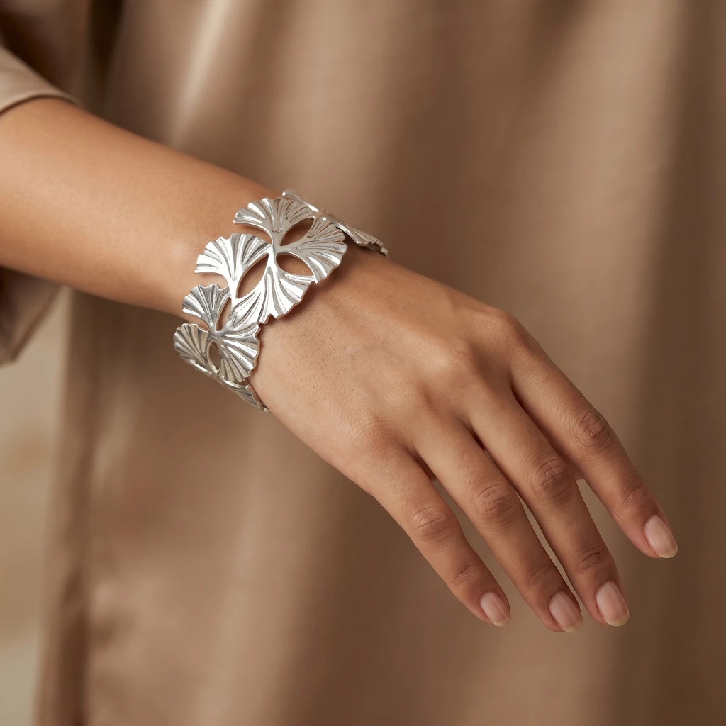 Silver Botanical Leaf Broad Cuff Bangle image 2