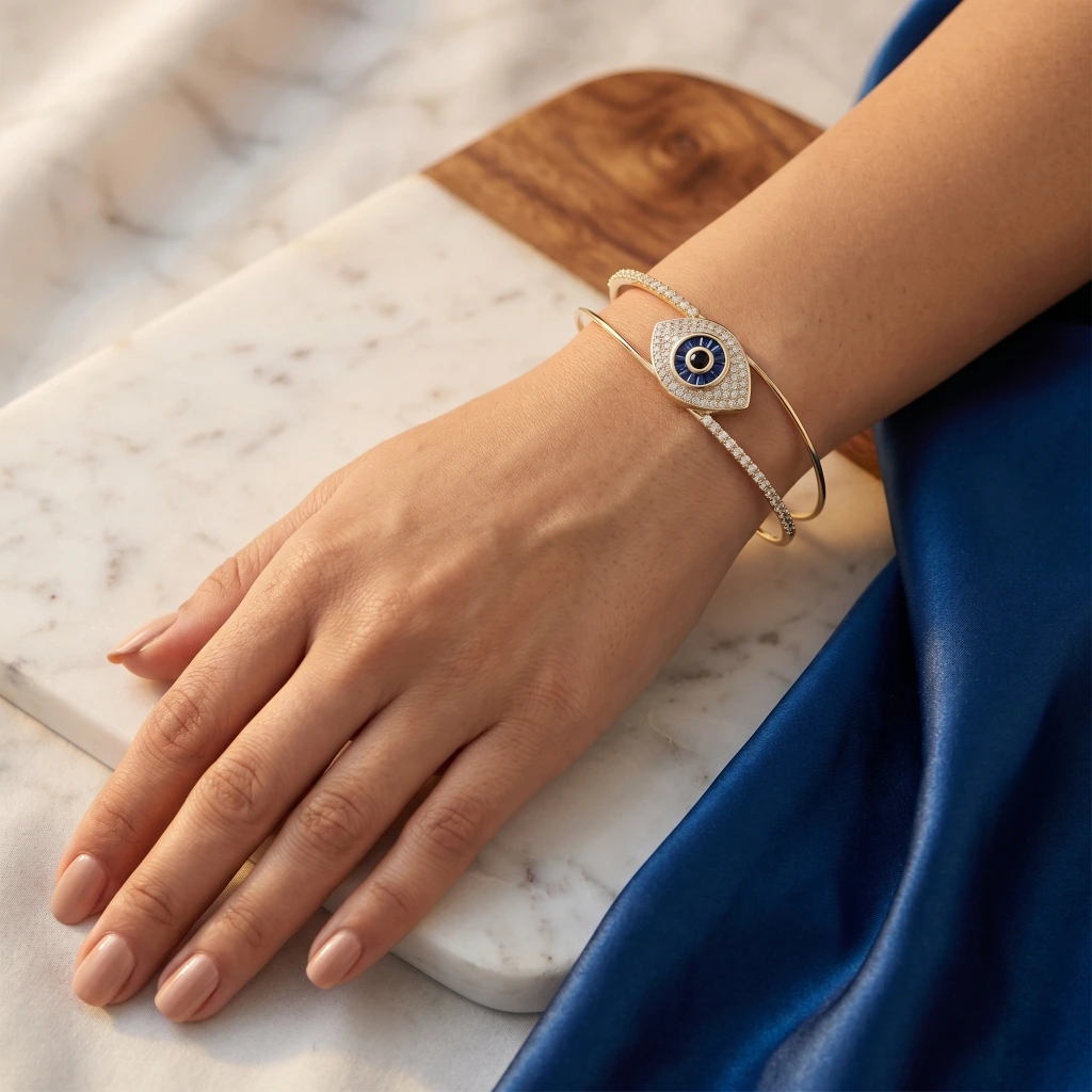 Gold Blue Evil Eye Open Bangle image 3