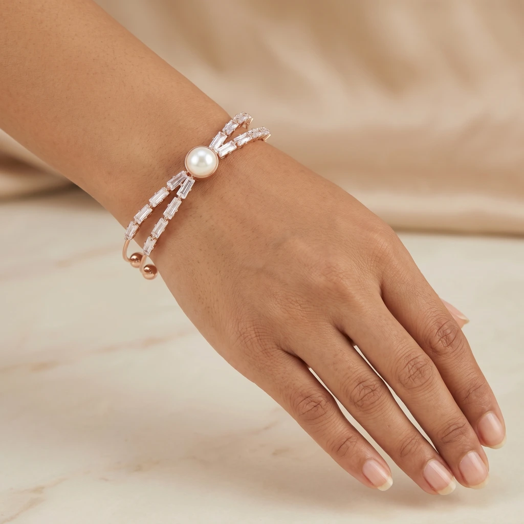 Rose Gold Pearl Baguette Open Cuff image 2