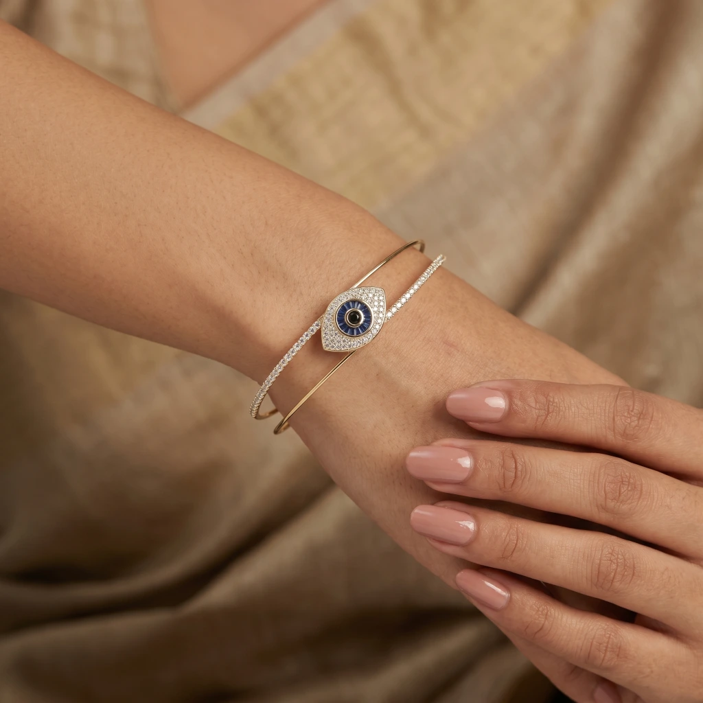 Gold Blue Evil Eye Open Bangle image 2