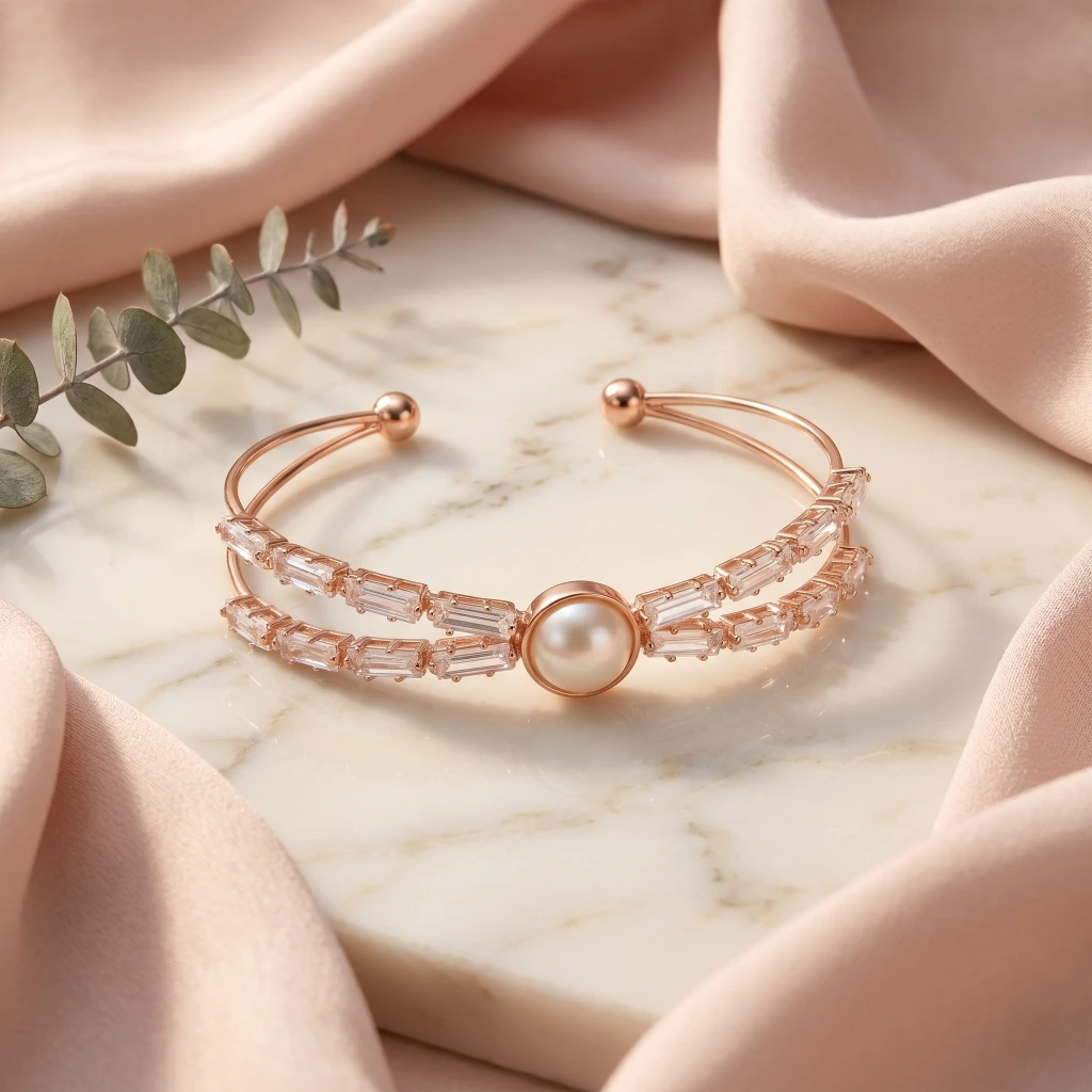 Rose Gold Pearl Baguette Open Cuff image 3