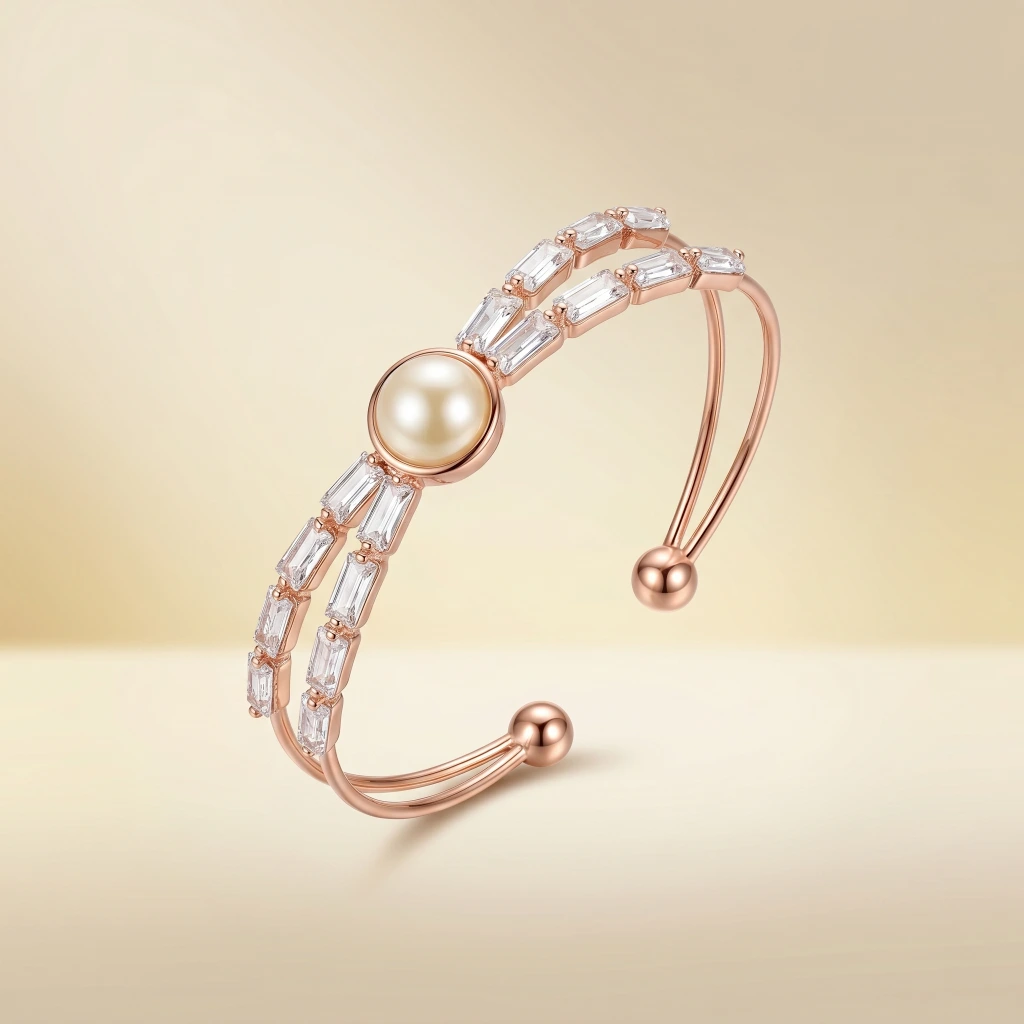 Rose Gold Pearl Baguette Open Cuff image 1