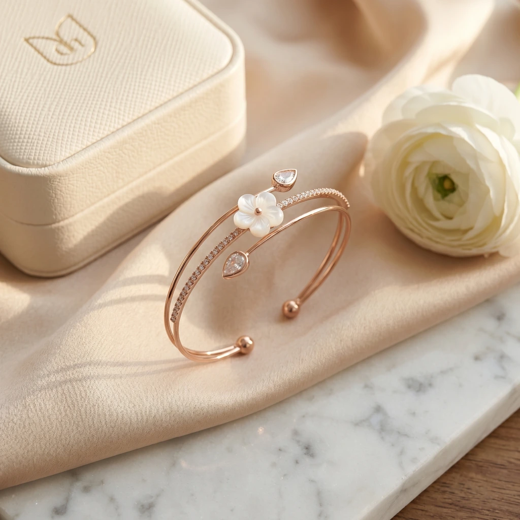 Rose Gold Flower Stone Cuff Bangle image 2