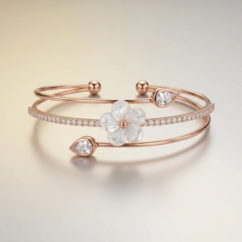 Rose Gold Flower Stone Cuff Bangle