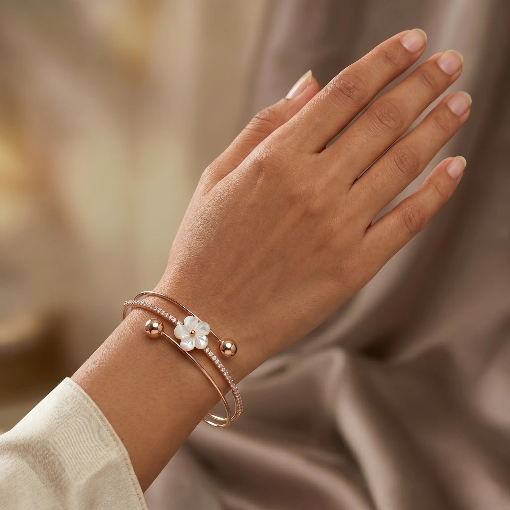 Rose Gold Flower Stone Cuff Bangle image 3