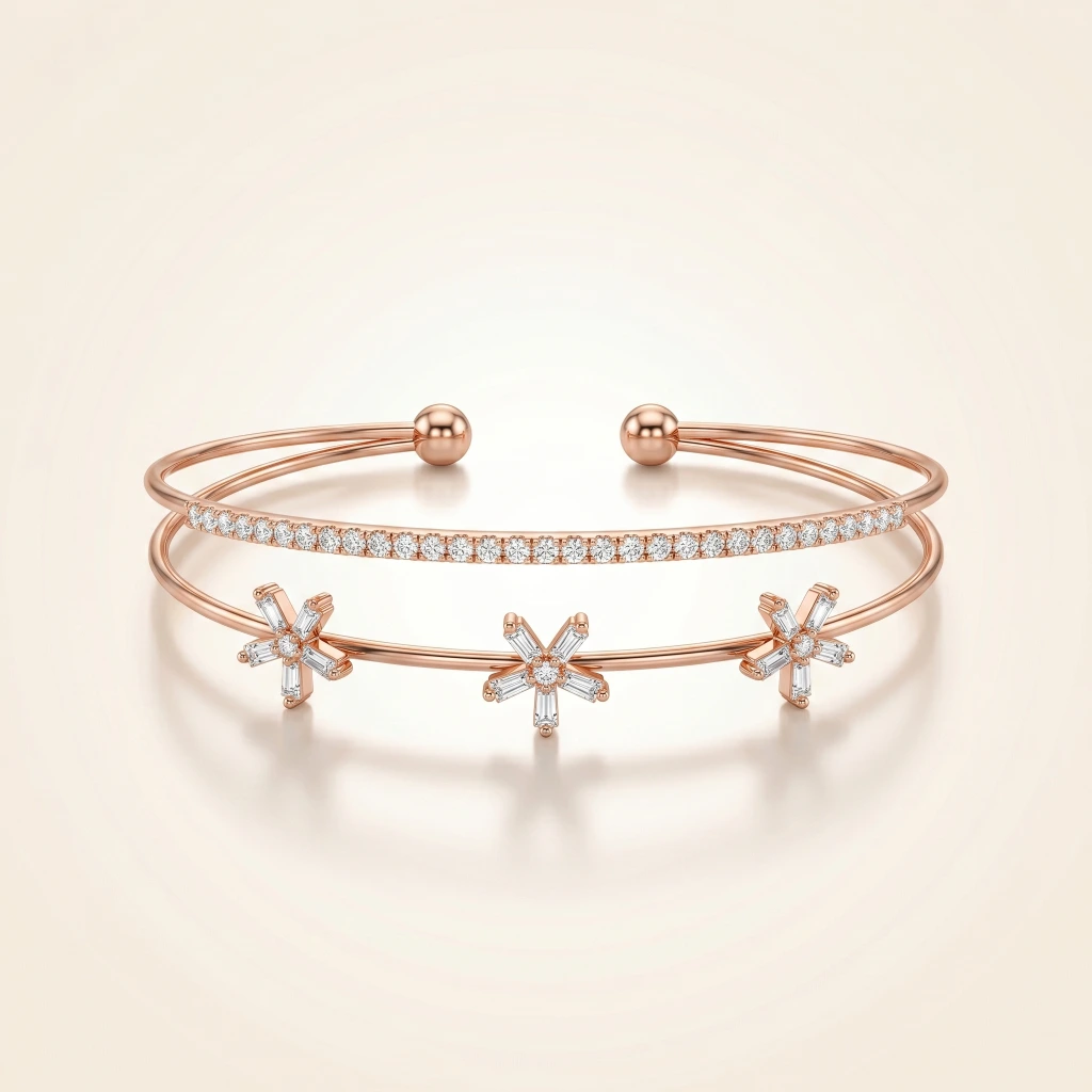 Rose Gold Floral Stone Cuff Bangle