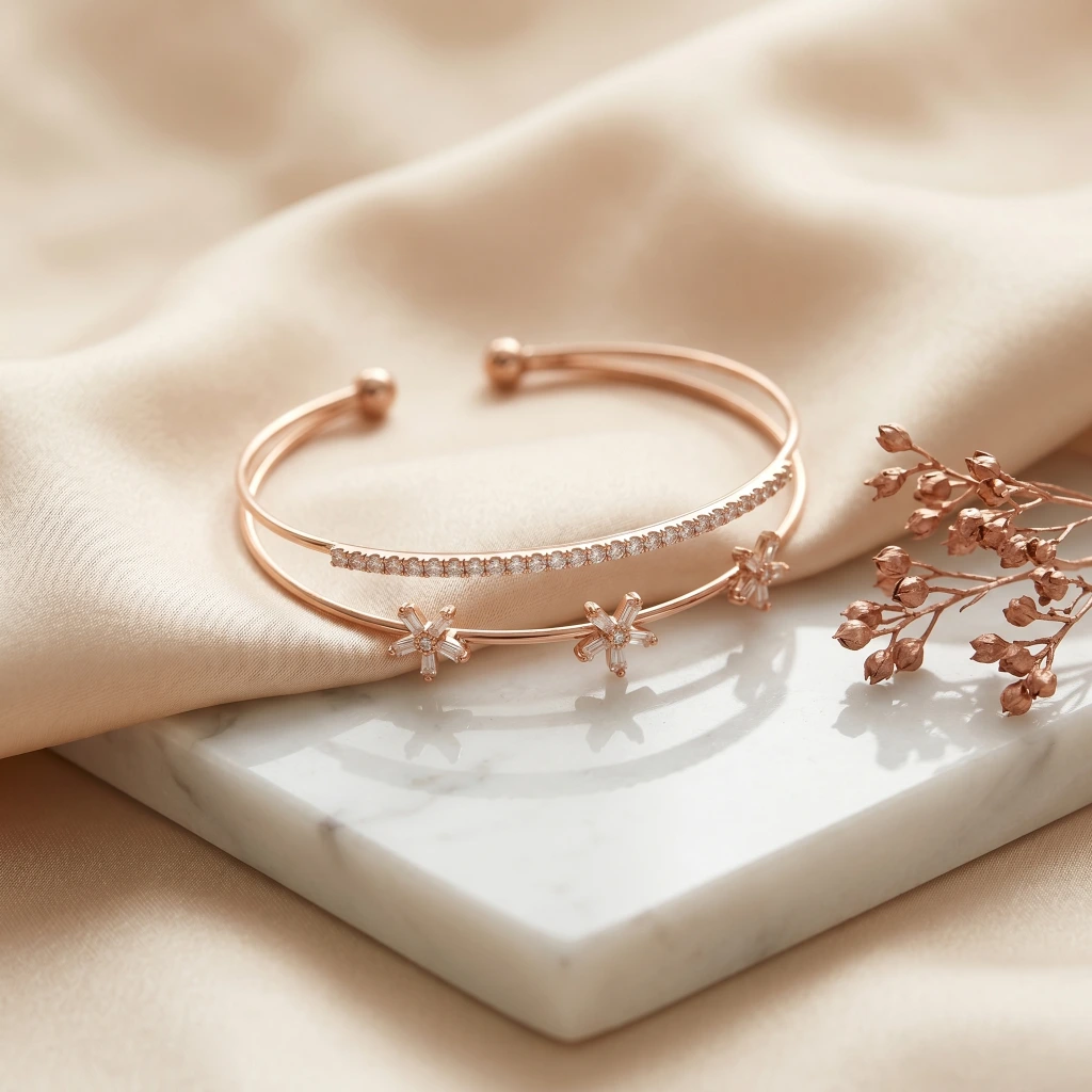 Rose Gold Floral Stone Cuff Bangle image 3