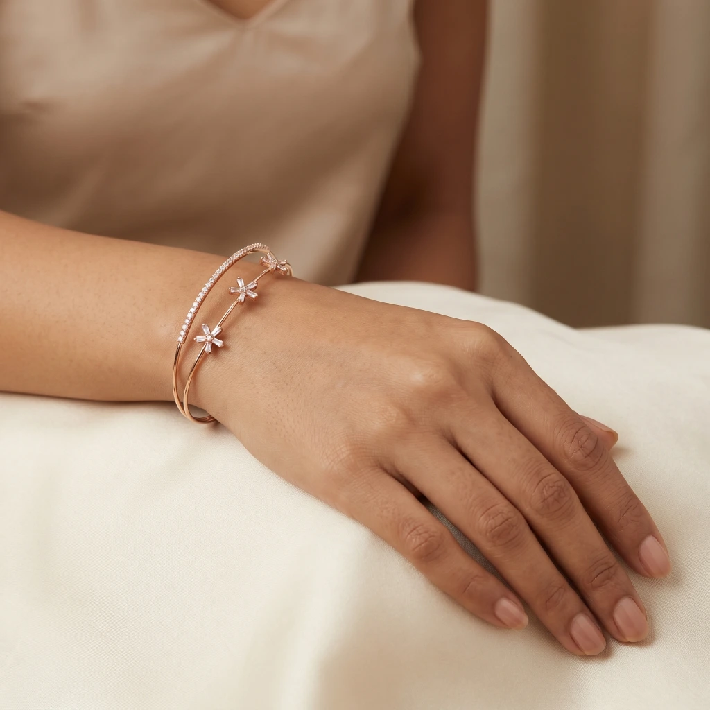 Rose Gold Floral Stone Cuff Bangle image 2
