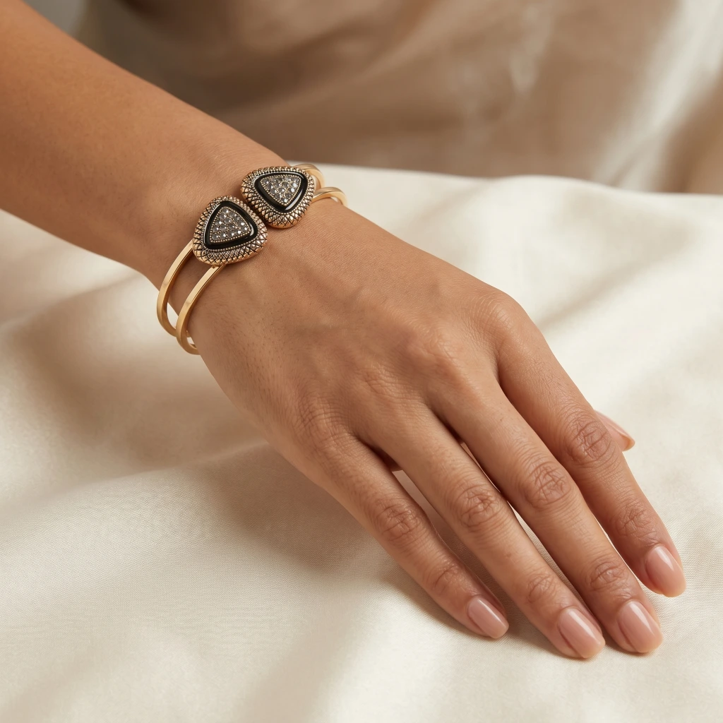 Gold Black Grey Stone Triangular Kada image 2
