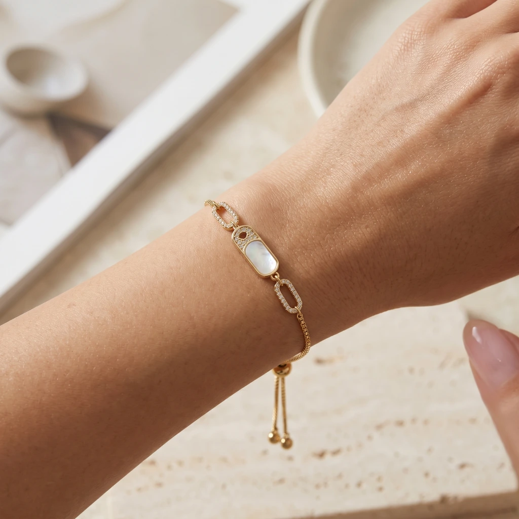 Gold White Inlay Slider Chain Bracelet image 2