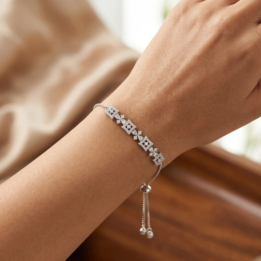Kavya Silver Crystal Geometric Slider Bracelet image 4