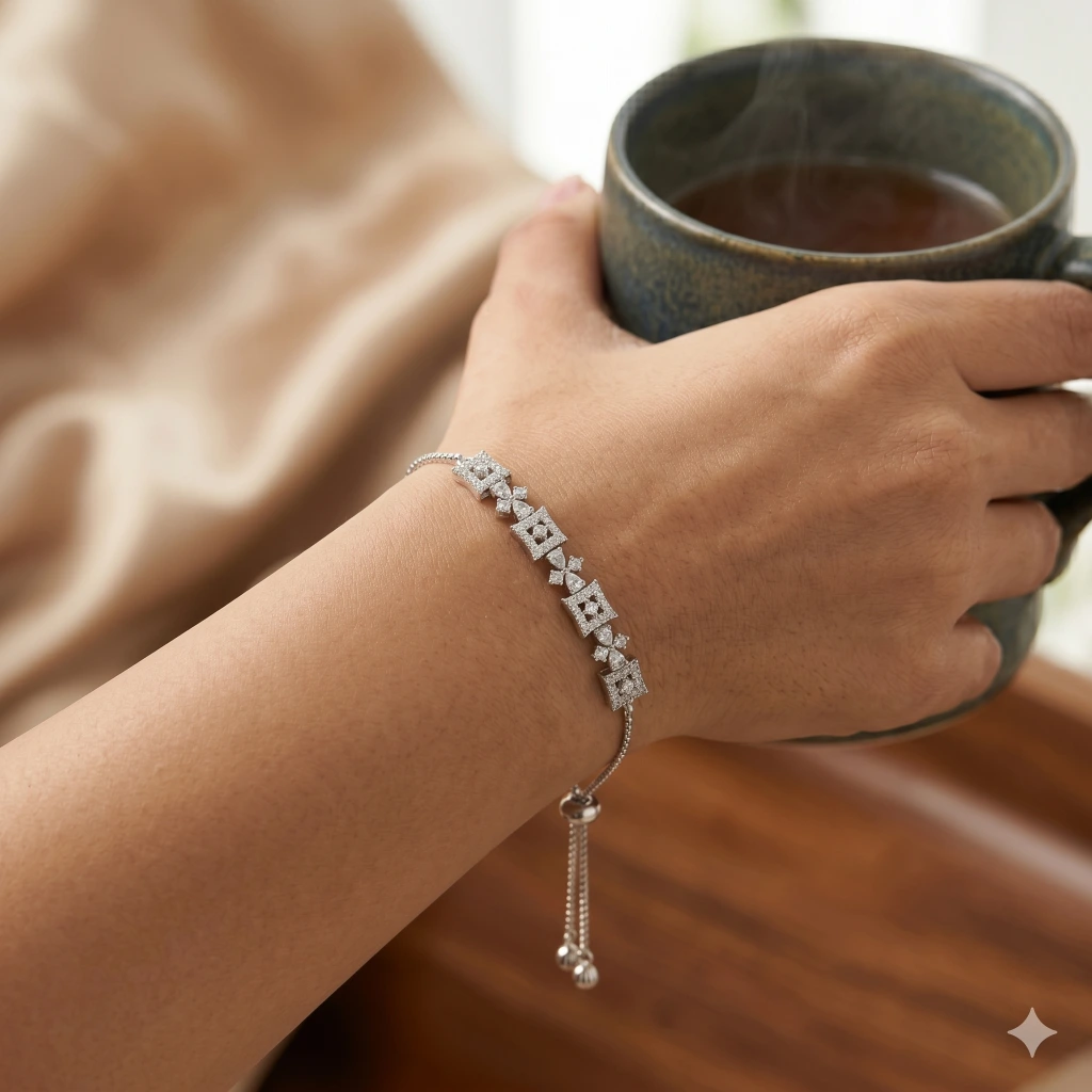 Kavya Silver Crystal Geometric Slider Bracelet image 3