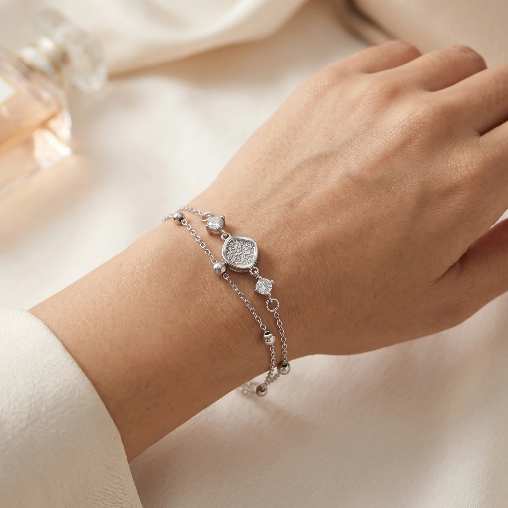 Silver Double Chain Pave Square Bracelet image 2