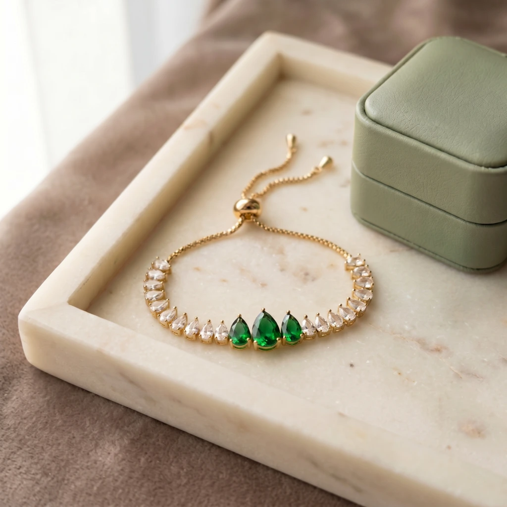 Gold Green and White Teardrop Slider Bracelet image 3