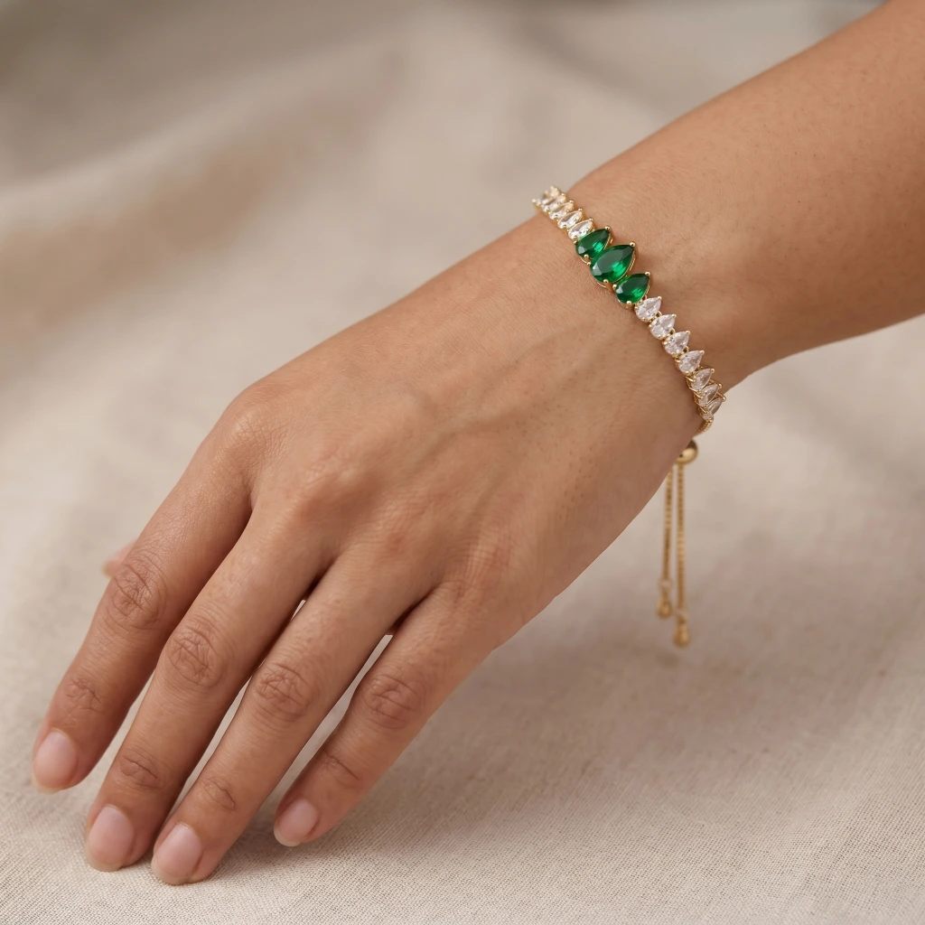 Gold Green and White Teardrop Slider Bracelet image 2