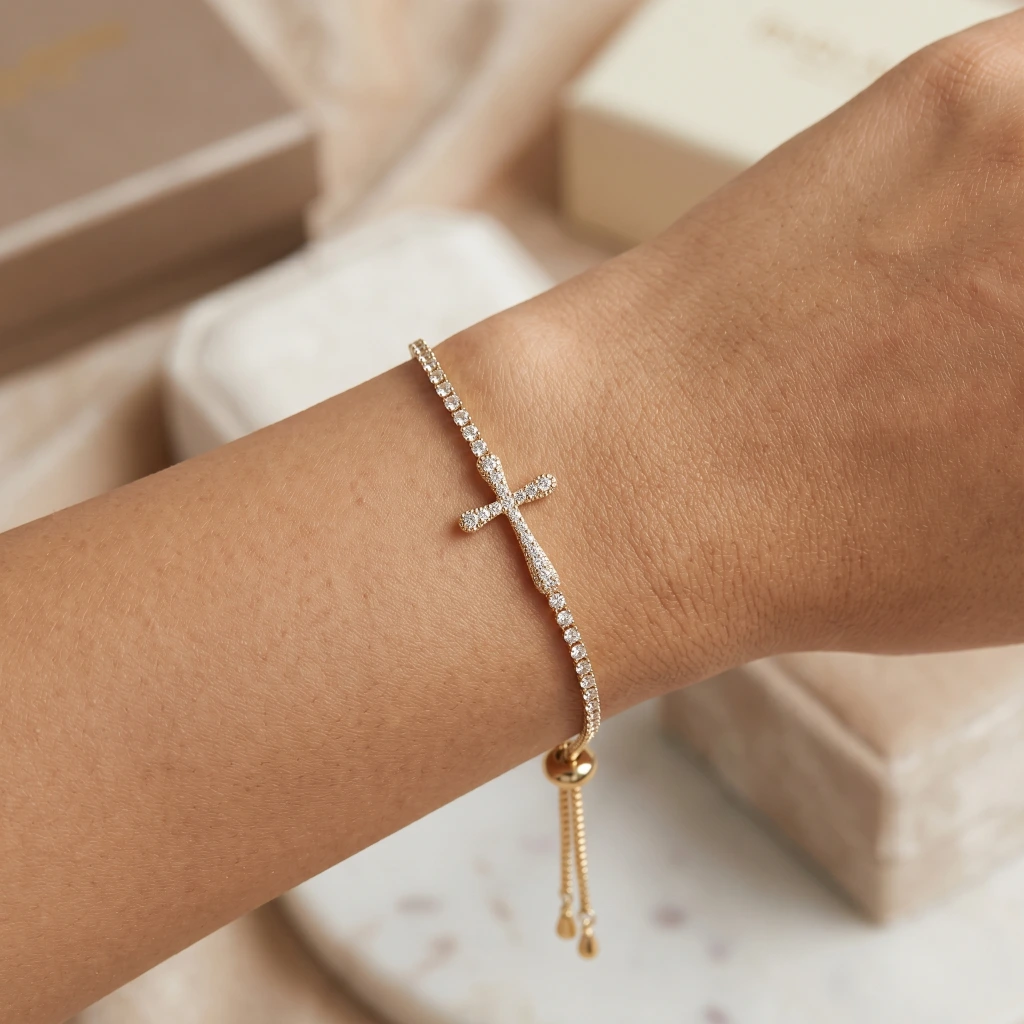 Rose Gold White Stone Cross Slider Bracelet image 3
