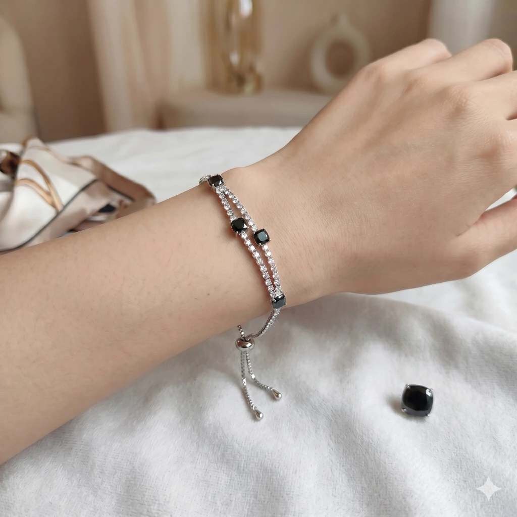 Silver Black and White Stone Slider Bracelet image 2