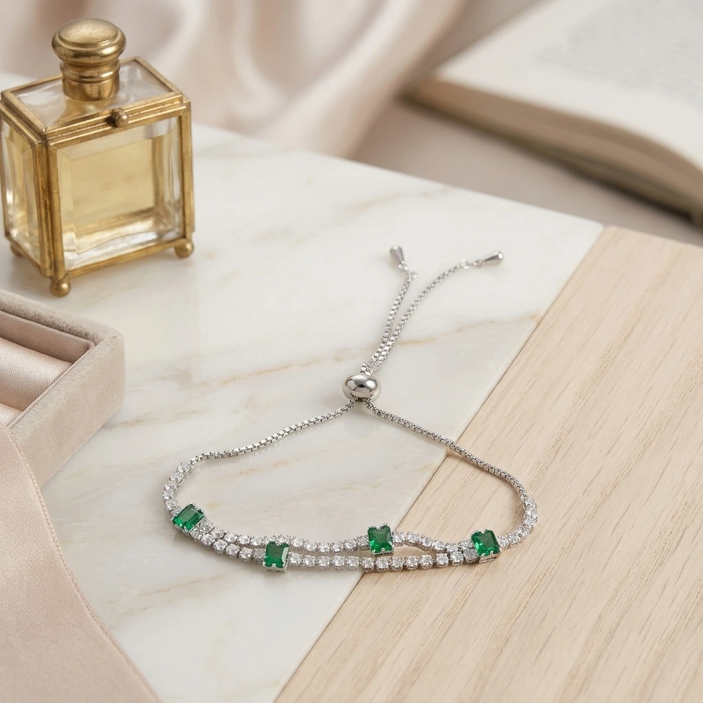 Silver Double Strand Green White Stone Slider Bracelet image 1