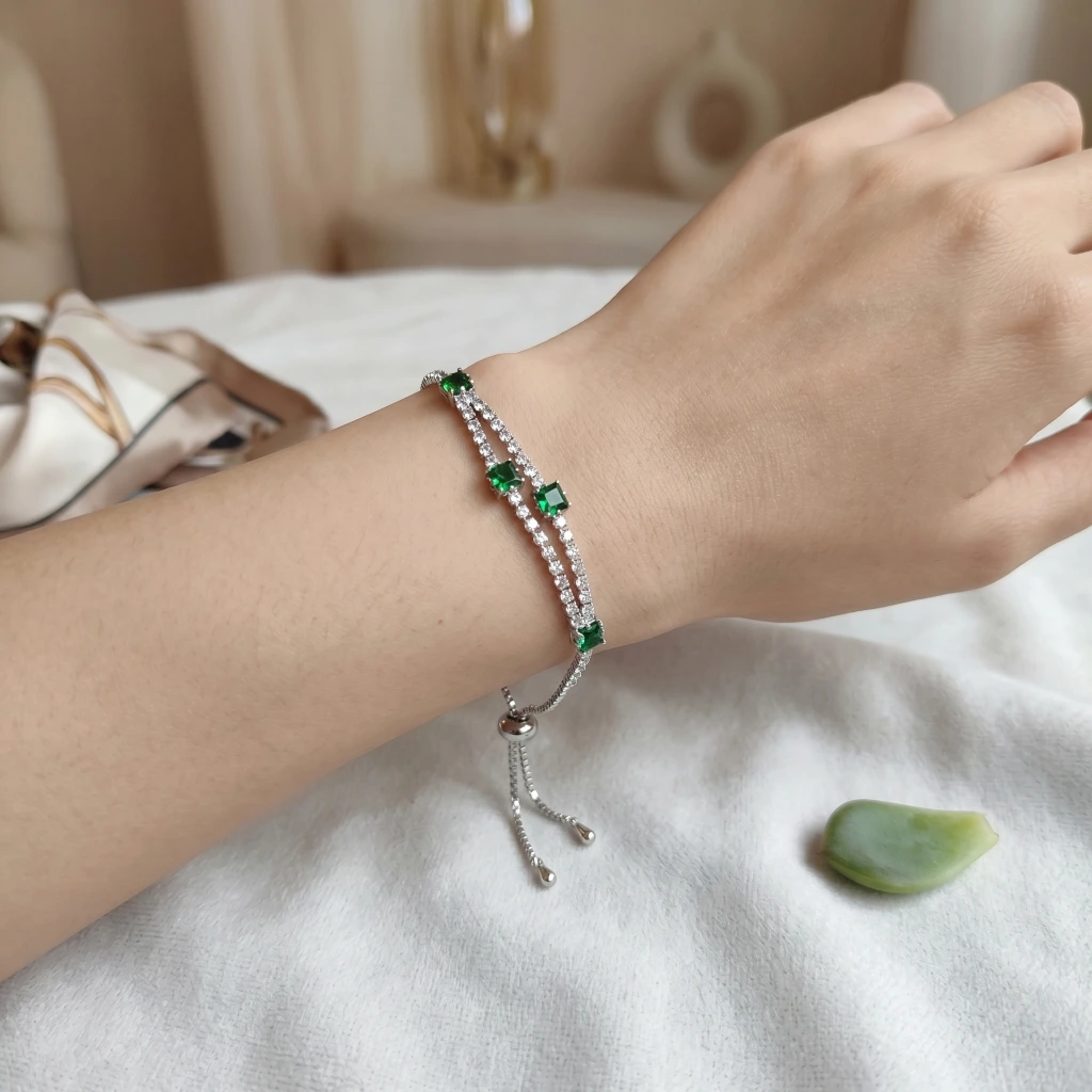 Silver Double Strand Green White Stone Slider Bracelet image 4