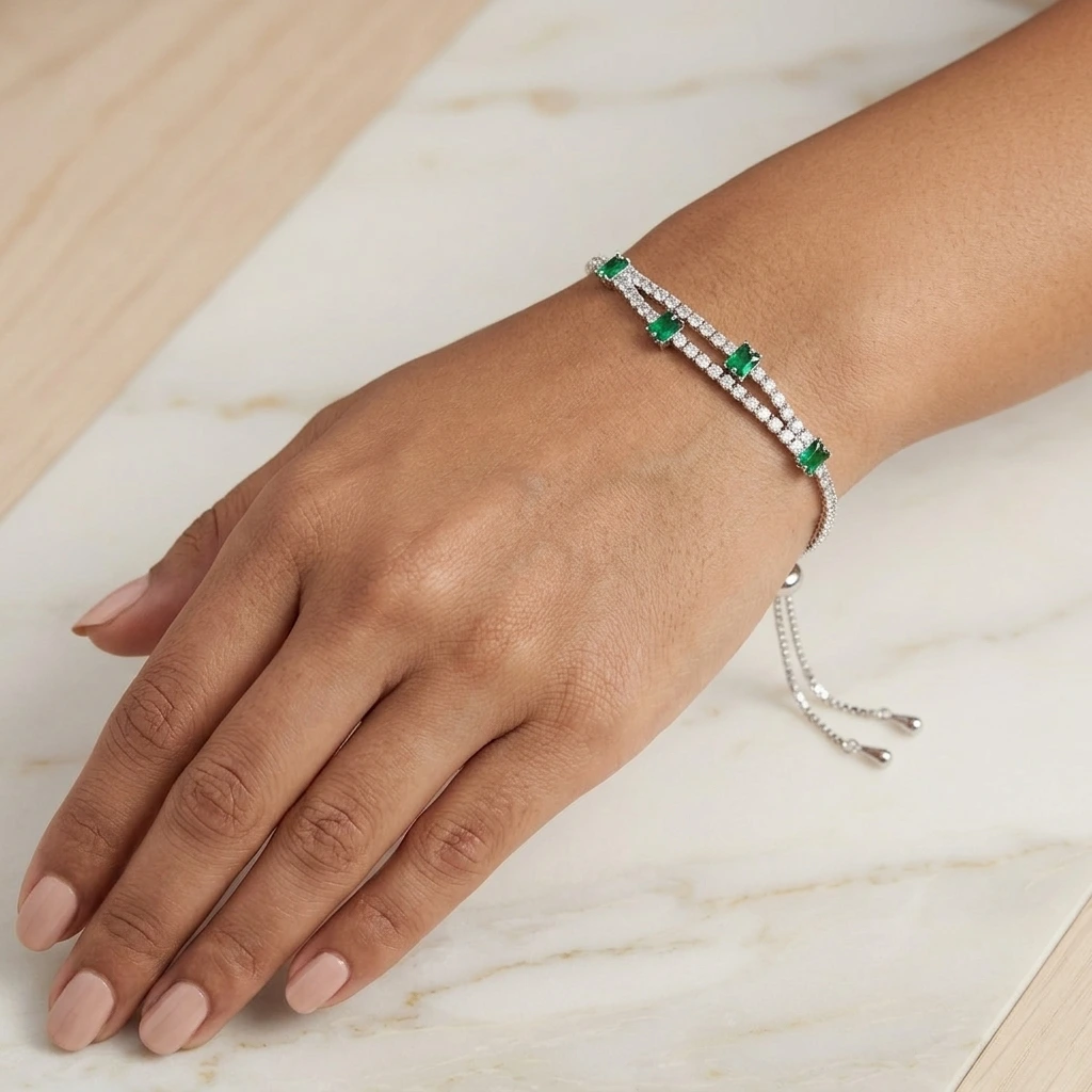 Silver Double Strand Green White Stone Slider Bracelet image 3