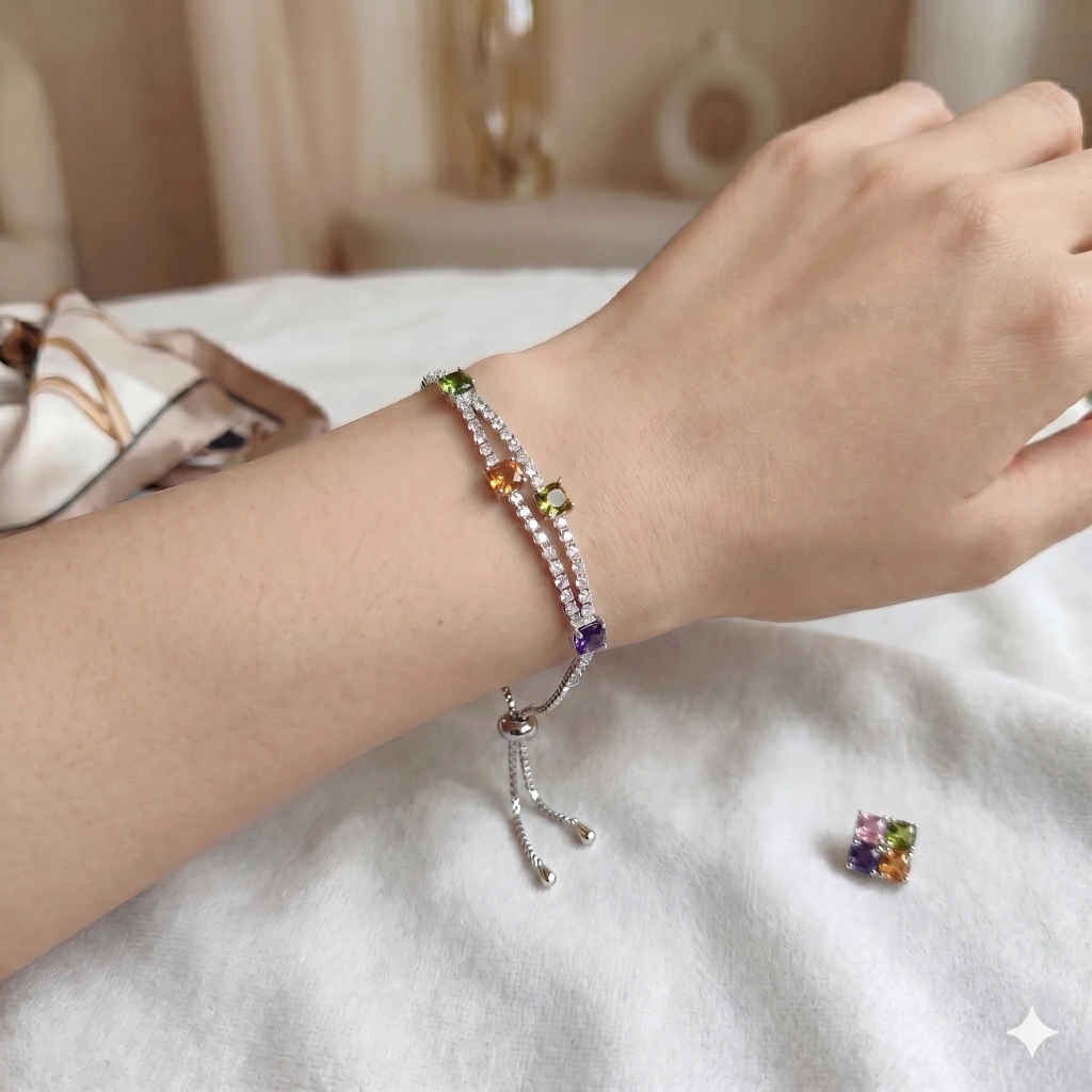 Silver Multi-Color Double Row Crystal Slider Bracelet image 3