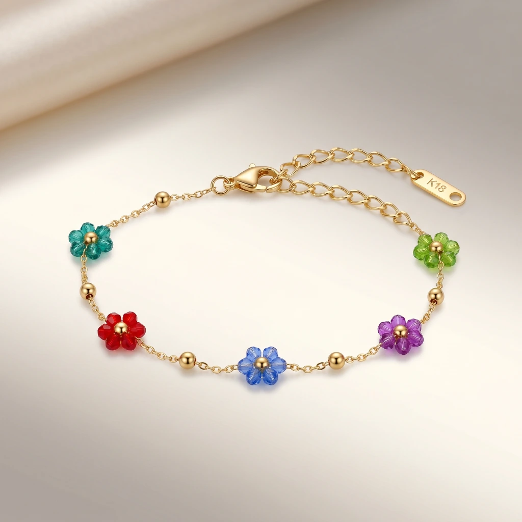Gold Multi-Color Crystal Flower Charm Bracelet image 2