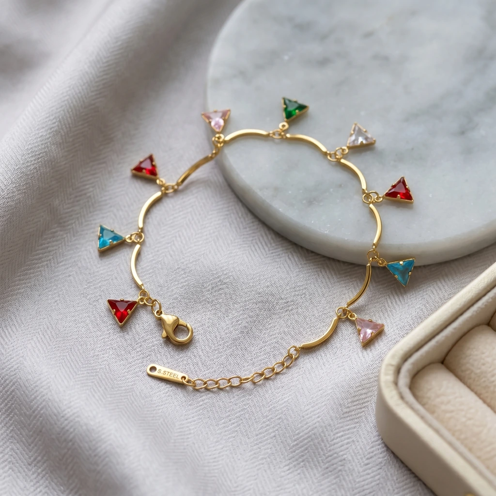 Gold Multi-Color Triangle Stone Charm Bracelet image 3