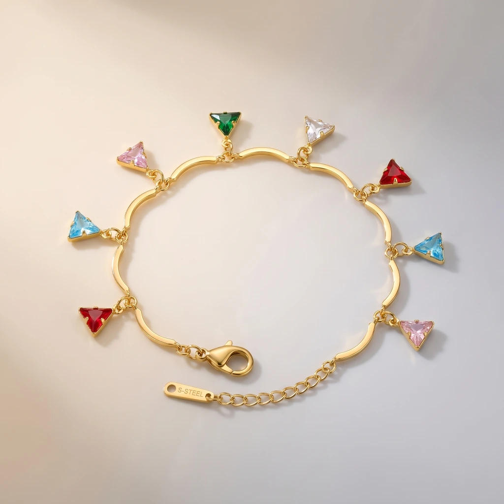 Gold Multi-Color Triangle Stone Charm Bracelet image 2