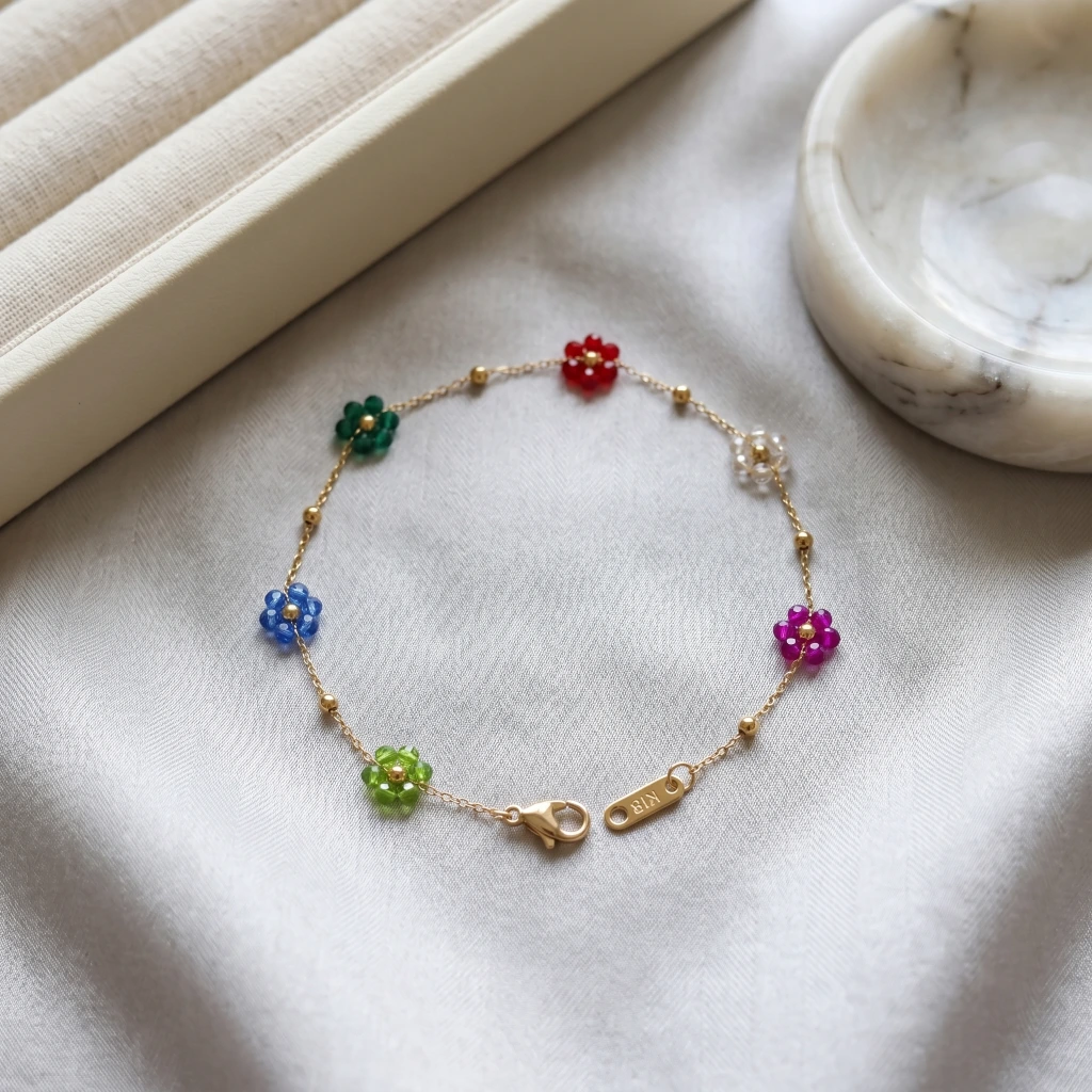 Gold Multi-Color Crystal Flower Charm Bracelet image 3