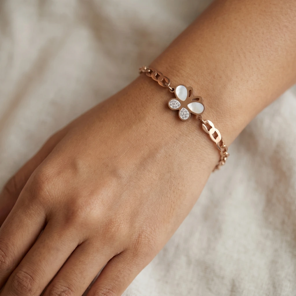 QDORA Rose Gold Butterfly White Stone Link Bracelet image 2